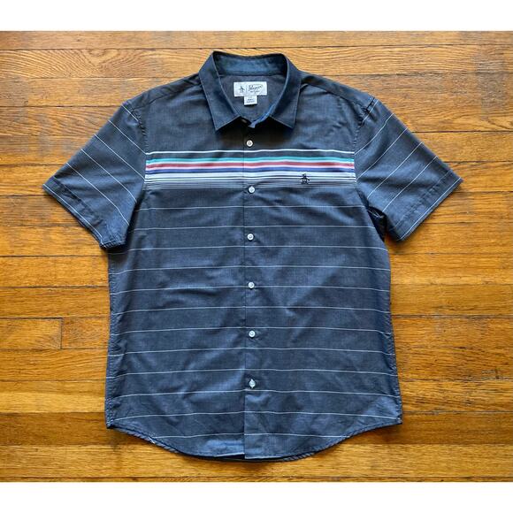 PENGUIN Gray w/Multicolored Stripes Button Down Shirt sz L - Picture 3 of 13